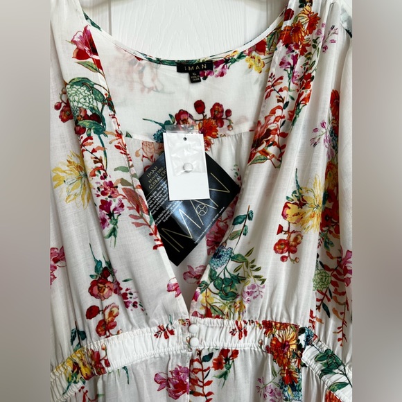 White, Multi Color Floral Long Cardigan Duster with elastic waistband. - Picture 7 of 15